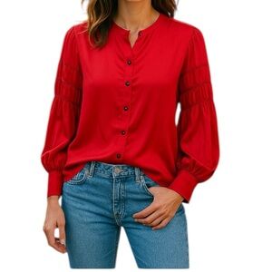 Caara Red Satin Ruffled Long Sleeve Button Down Blouse Shirt Size Large New